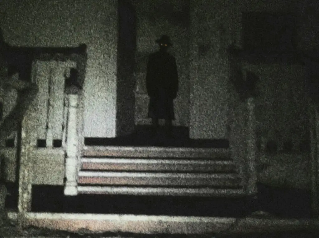 the hat man at the top of the stairs